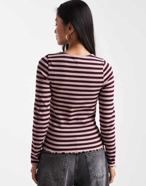 New Look lettuce edge long sleeve top in brown stripe