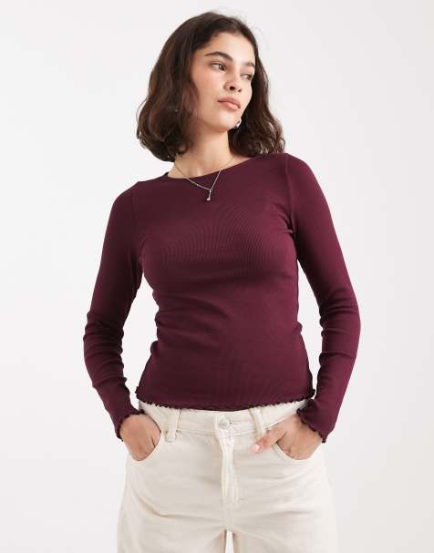 New Look lettuce edge long sleeve top in burgundy - view 1