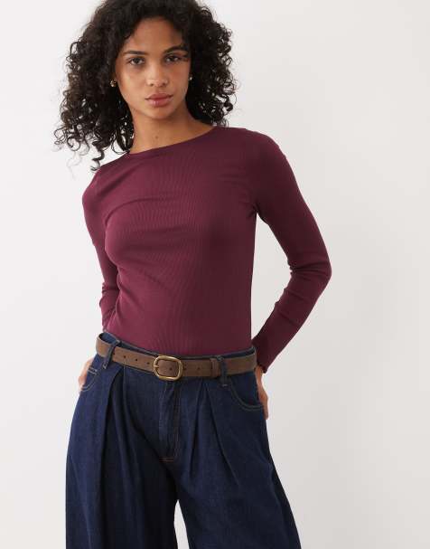 New Look lettuce edge long sleeve top in burgundy - view 1