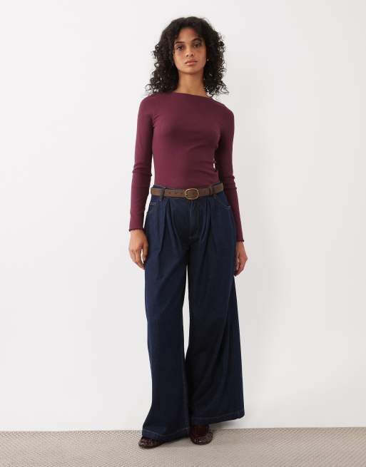 New Look lettuce edge long sleeve top in burgundy, 2 of 4