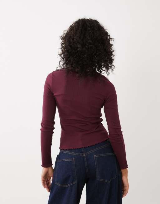 New Look lettuce edge long sleeve top in burgundy, 4 of 4