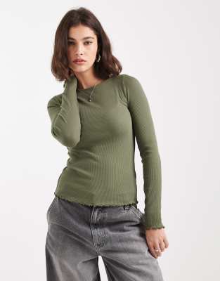 New Look Lettuce Edge Long Sleeve Top In Green