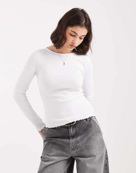 New Look lettuce edge long sleeve top in white - view 1