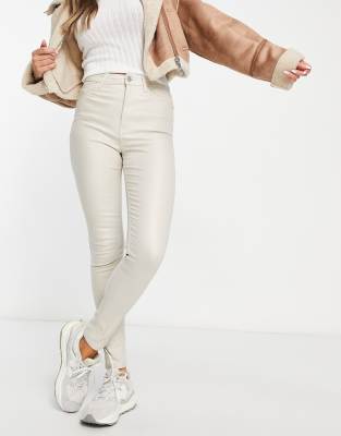 New Look lift and shape high waisted super skinny coated jeans in off white - ASOS Price Checker