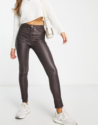 New Look lift and shape high waisted super skinny coated jeans in dark brown - ASOS Price Checker