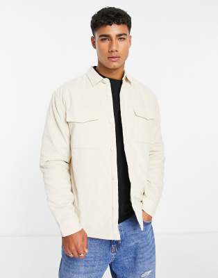 New Look New Look lined cord overshirt in stone-Neutral