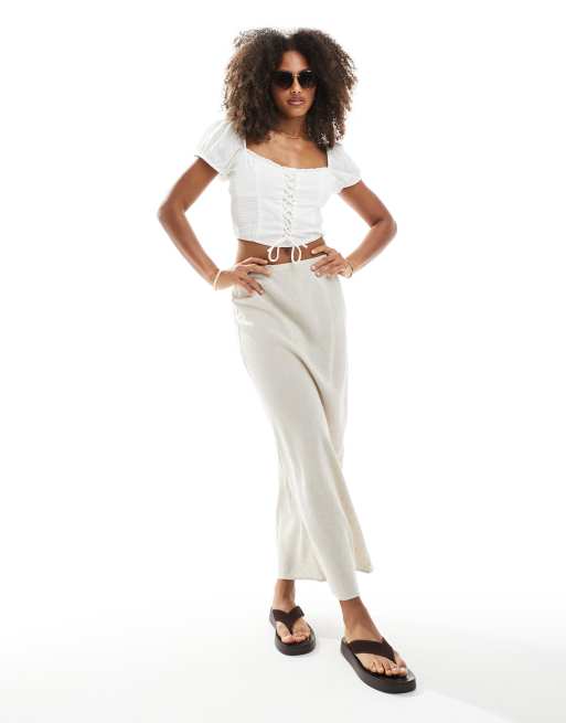 New Look linen bias midi skirt in stone ASOS