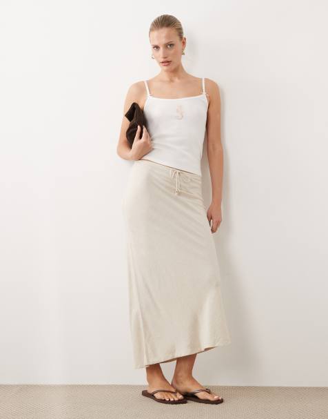 New Look linen-blend bias midi skirt in stone - view 1