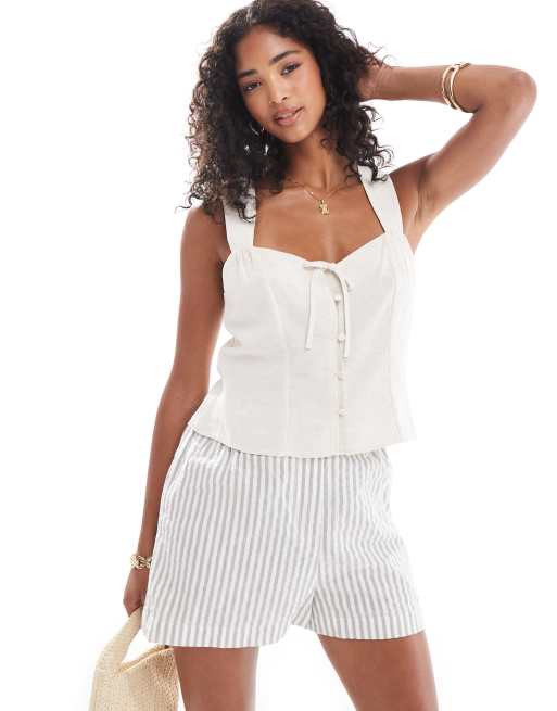 New Look linen blend button down corset top in stone