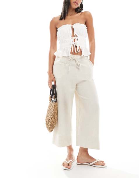 New Look linen blend cropped trousers in stone - view 1
