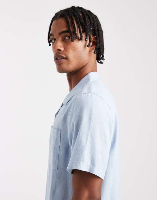 New Look linen blend revere shirt in light blue, 4 of 5