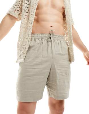 New Look New Look linen blend shorts in stone-Neutral