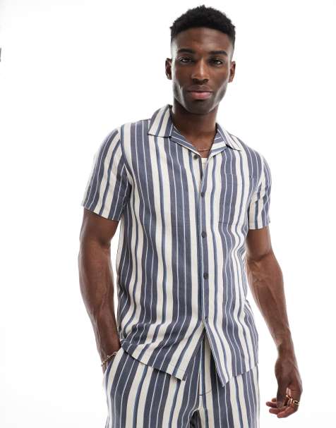 New Look linen-blend stripe shirt in navy (part of a set) - view 1