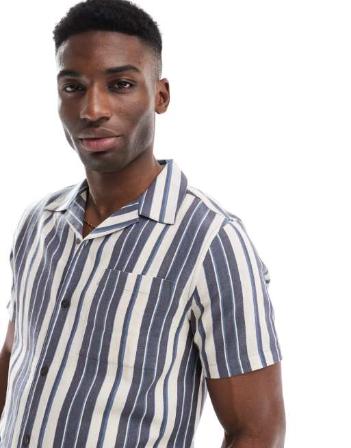 New Look linen blend stripe shirt in navy (part of a set), 2 of 4