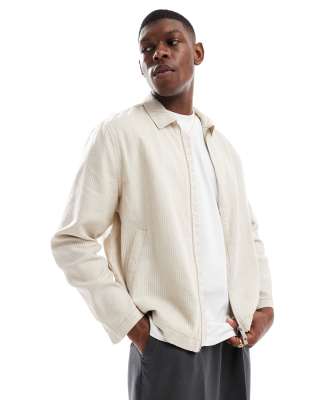New Look New Look linen blend striped harrington jacket in stone-Neutral