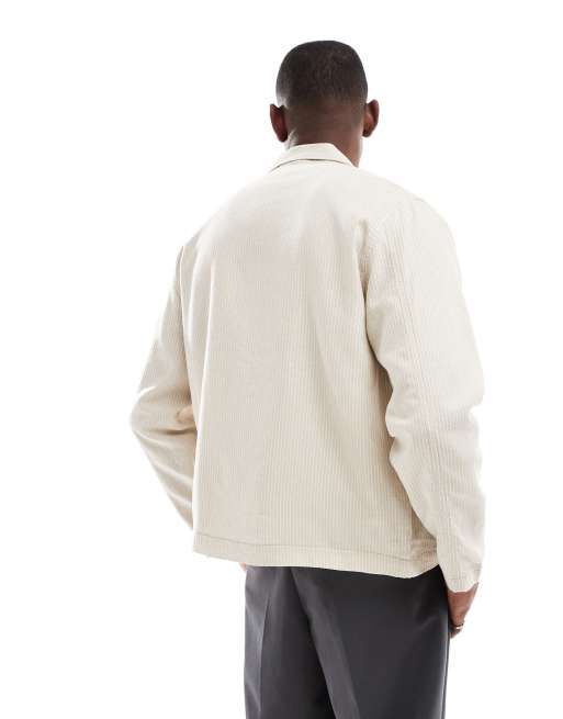 New Look linen blend striped harrington jacket in stone 