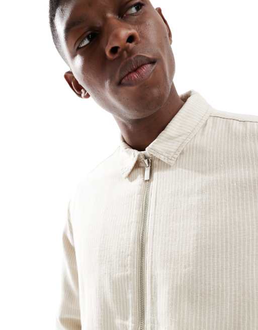 New Look linen blend striped harrington jacket in stone 
