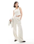 [New Look] New Look linen-blend wide leg stripe pants in cream (Part of a set)-White 10 Cream pattern