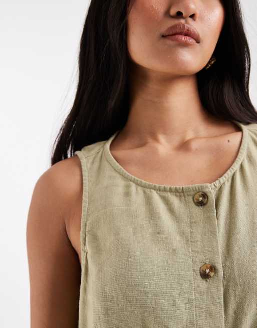 New Look linen button through mini dress in green, 3 of 4