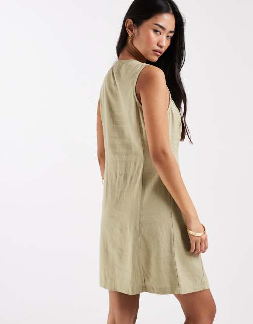 New Look linen button through mini dress in green, 4 of 4