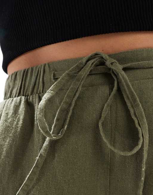 New Look linen cropped pants in khaki, 3 of 5