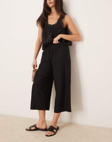 New Look linen cropped trousers in black - view 1