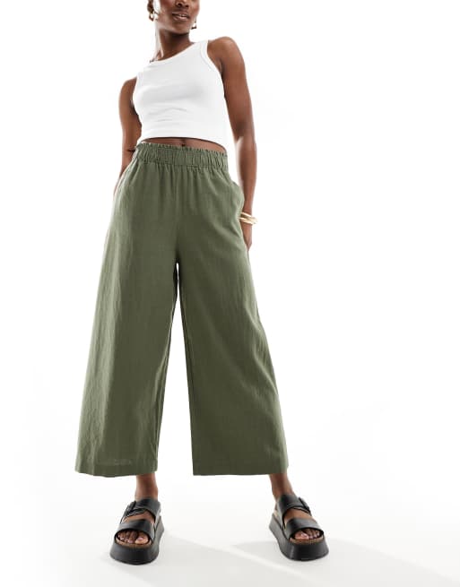 New Look Linen Cropped Trousers In Khaki 