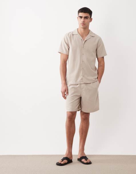 New Look linen look revere shirt and shorts set in stone - view 1