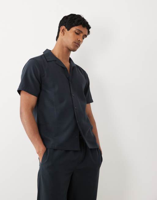 New Look linen look revere shirt and wide leg pants set in navy, 2 of 3