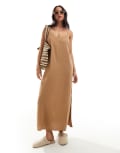 [New Look] New Look linen look strappy slip midi dress in camel-Neutral 8 CAMEL