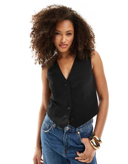 New Look linen look waistcoat in black ASOS