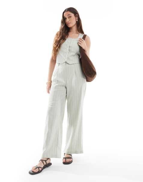 New Look linen look wide leg stripe pants in green (part of a set) - view 1