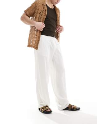 New Look New Look linen look wide trouser in off white-Neutral