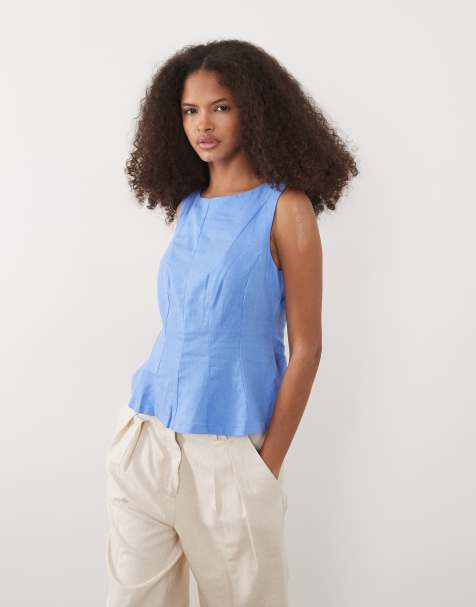 New Look linen rich cinched waist top in blue - view 1