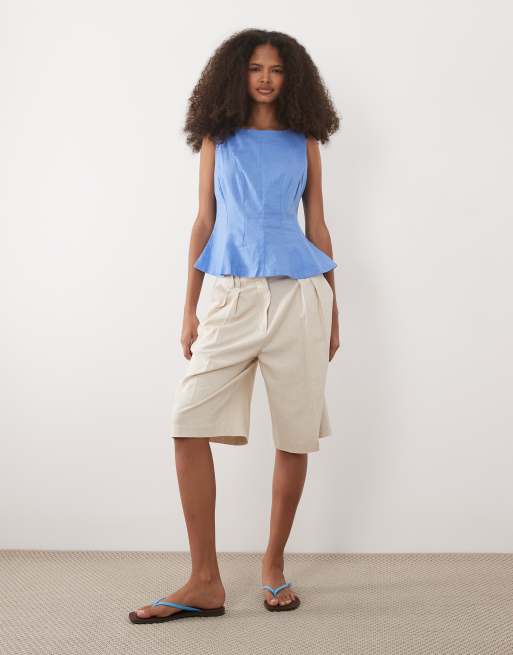 New Look linen rich cinched waist top in blue, 2 of 4