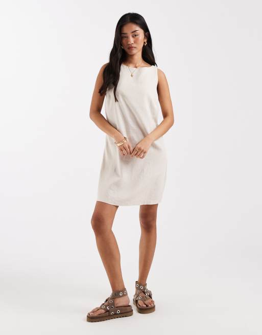 New Look linen tie back mini dress in stone, 3 of 4