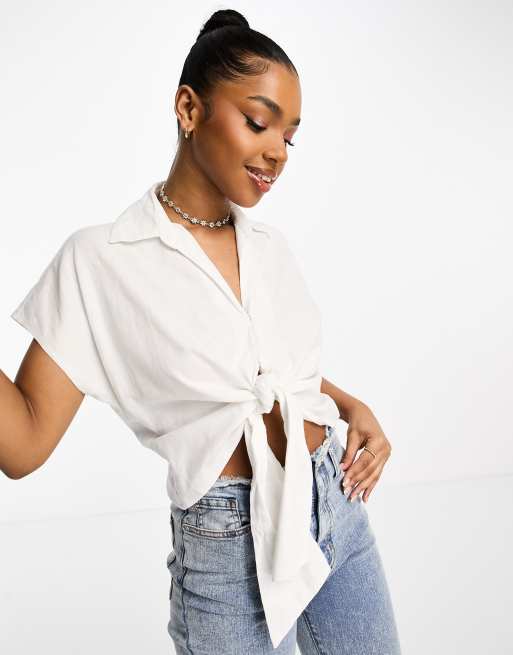 New Look linen tie front top in white ASOS