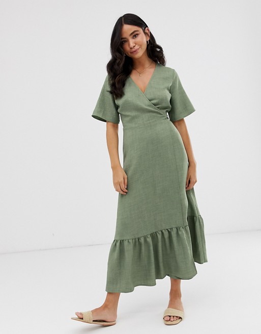 New Look linen tiered wrap dress in green
