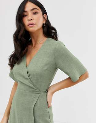 green linen wrap dress