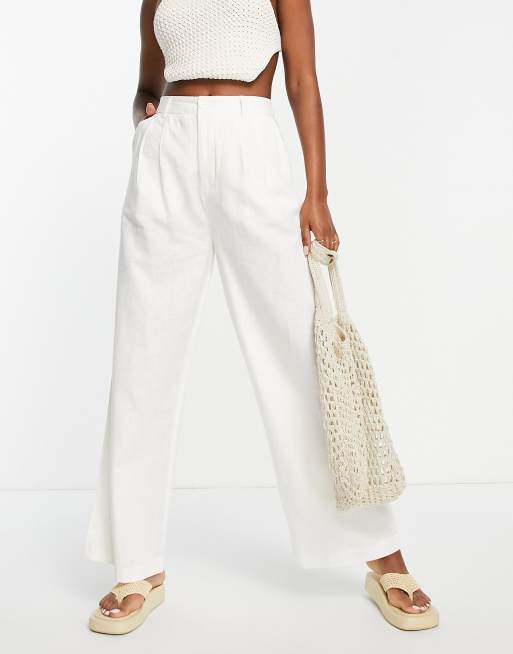 New Look - Linnen broek met wijde pijpen in lichtbeige