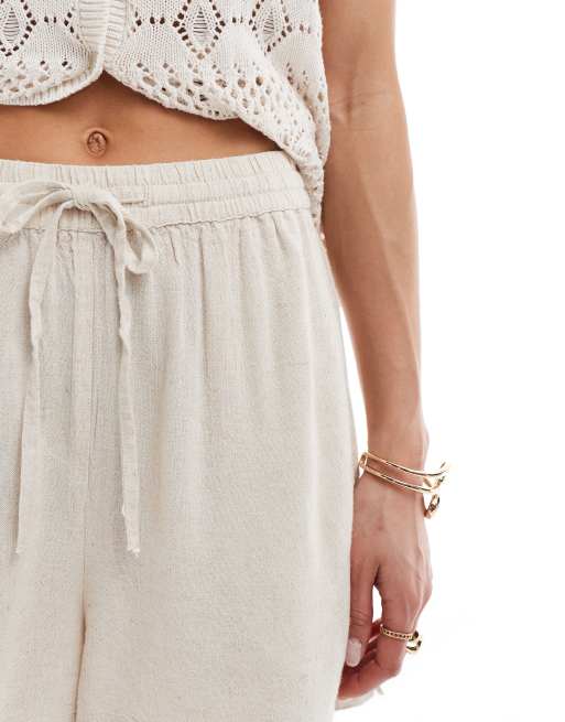New Look – Ljusbeige linneshorts i dra på-modell, 5 av 5