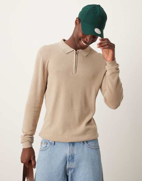 New Look – Ljusbeige pikétröja med lång ärm och 1/4-lång dragkedja - view 1