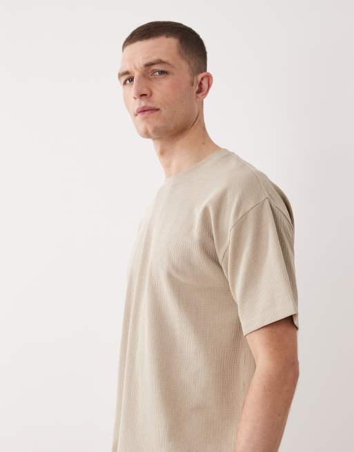 New Look – Ljusbeige, våfflad t-shirt i oversized fit, del av set, 4 av 5