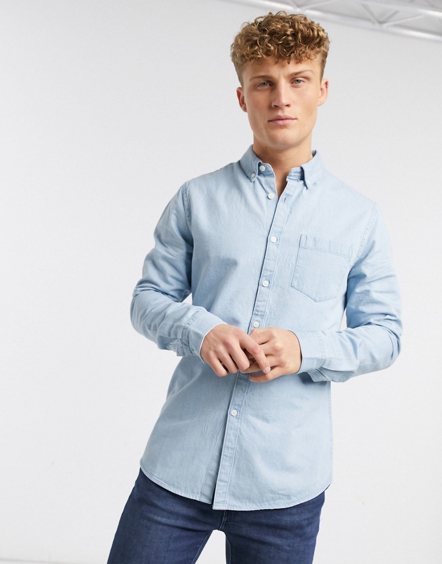 New Look – Ljusblå jeansskjorta med lång ärm