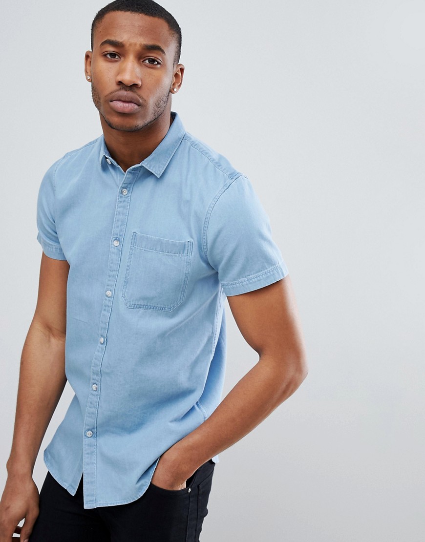 New Look – Ljusblå kortärmad skjorta i denim med normal passform