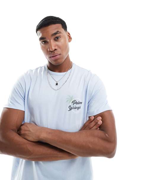 New Look – Ljusblå t-shirt med rund halsringning och Palm Springs-tryck - view 1