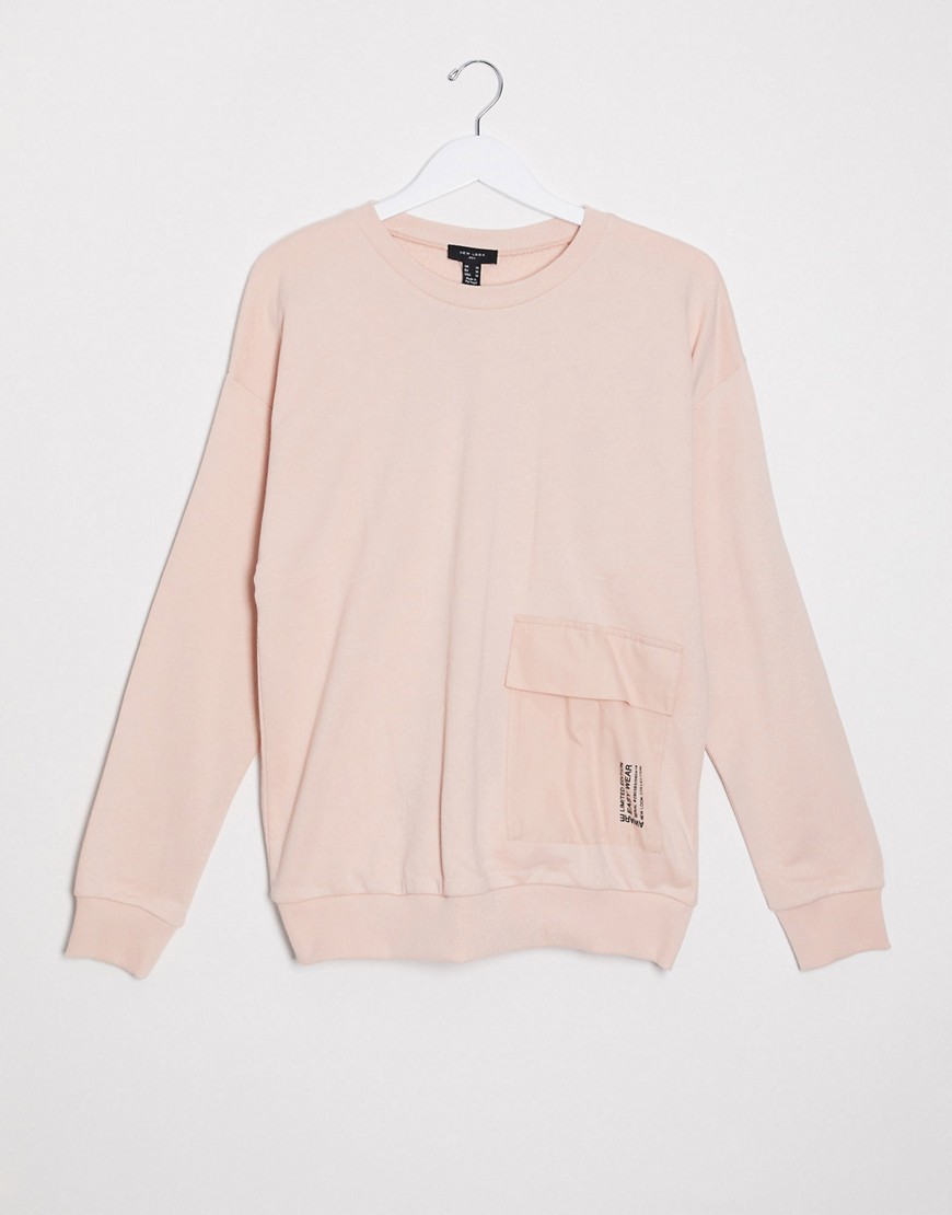New Look – Ljusrosa vävd sweatshirt med cargoficka