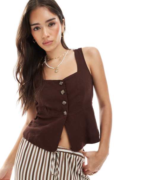 New Look peplum linen shell top in dark brown