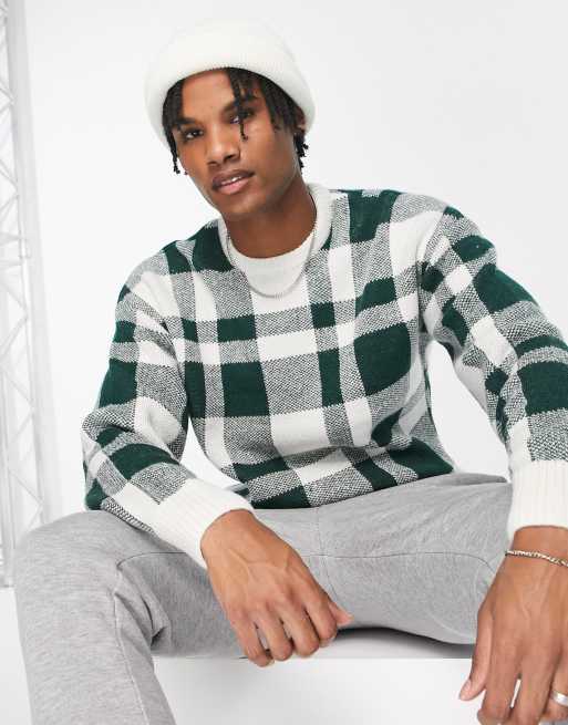New Look – Locker geschnittener Pullover mit großem Karomuster in Dunkelgrün