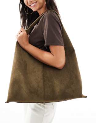 New Look - Lockere Tasche in Khaki aus Wildlederimitat mit Prägung-Grün
